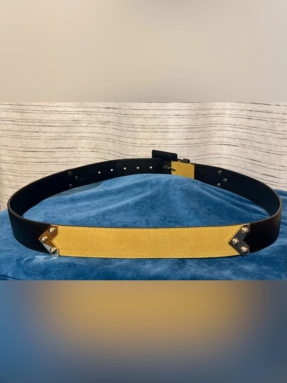 Cabi Chartreuse Suede and Black Leather Studded Belt with Gold Accents